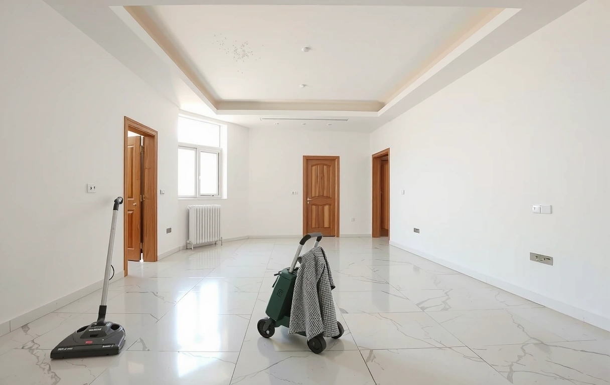 Temizlik sonrası villa interiorsi, profesyonel ekipmanlar