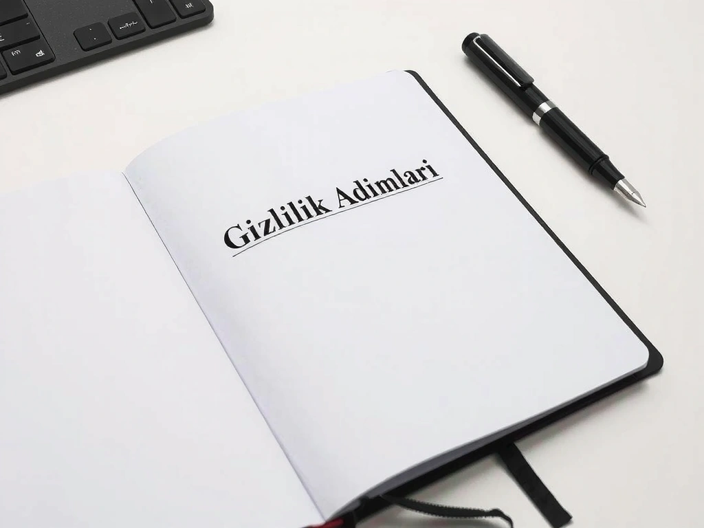 Düzenli bir masa üstü, 'Gizlilik Adımları' yazılı el yazması defter. Minimalist ve temiz.